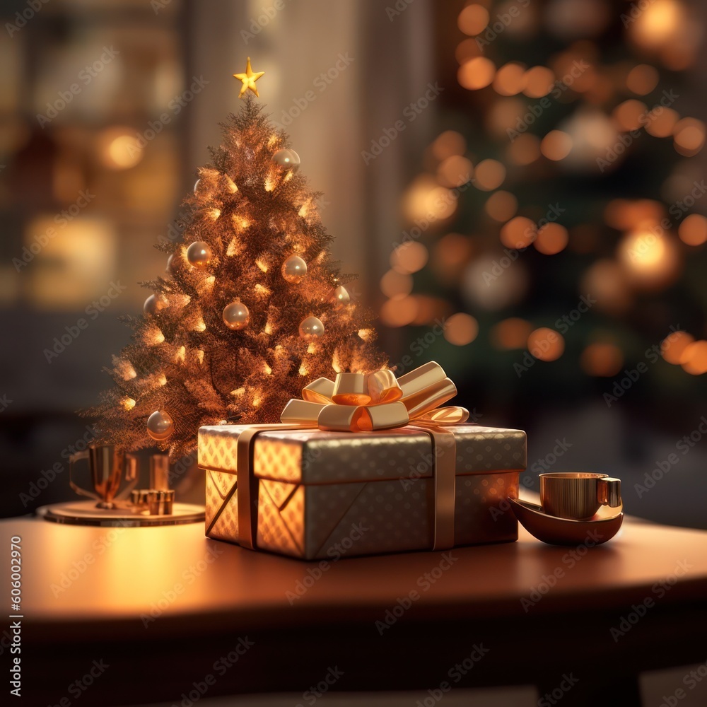 Christmas present or gift box, snowy fir tree and holiday decoration on magical bokeh background. happy new year card. Generative AI