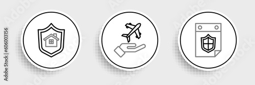Set line Calendar with shield, House and Plane in hand icon. Vector