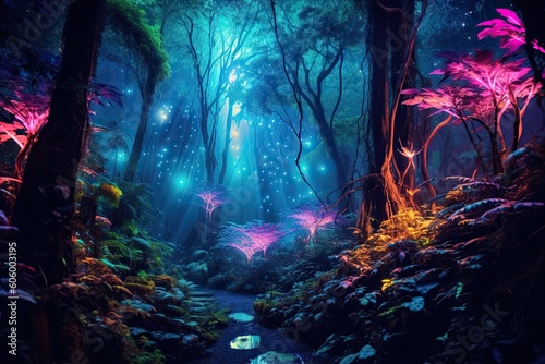 Moonlit Mirage: Lost in the Bioluminescent Forest's Luminous Embrace