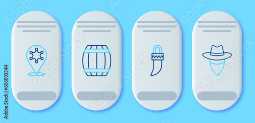 Set line Gun powder barrel, Tooth, Hexagram sheriff and Cowboy icon. Vector