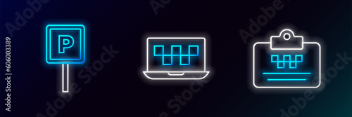 Set line Taxi driver license, Parking and Laptop call taxi service icon. Glowing neon. Vector