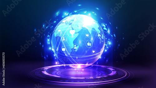 Social network, poster with digital neon hologram planet surrounded with floating social network elements on blue background