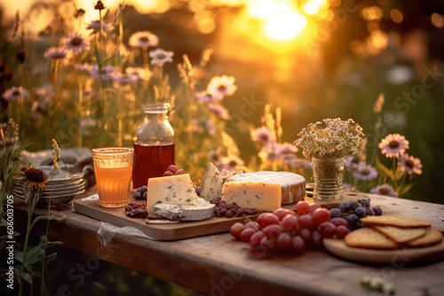 pique nique en extérieur coucher du soleil fromage jus de fruits et raisin sur une table en bois dans un champ