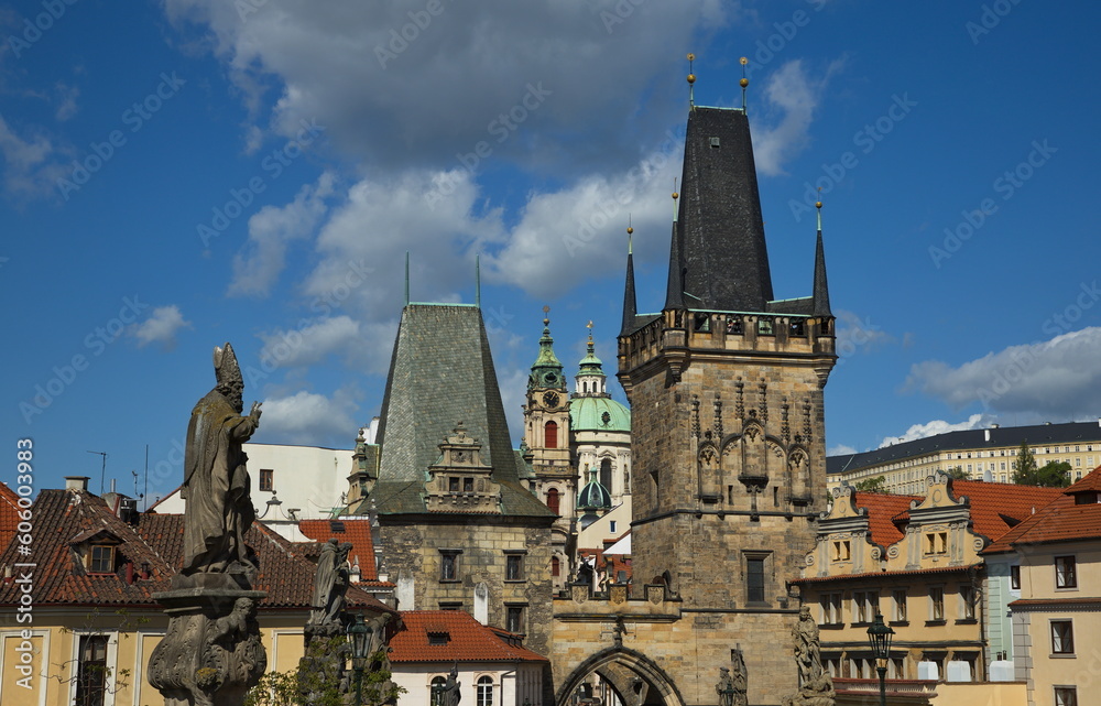 Towers of Lesser Town at Charles Bridge in Prague in Czech republic,Europe
