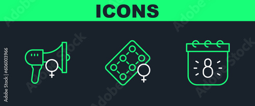 Set line Calendar with 8 March, Feminist activist and Packaging of birth control pills icon. Vector