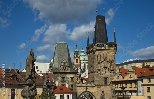 Towers of Lesser Town at Charles Bridge in Prague in Czech republic,Europe
