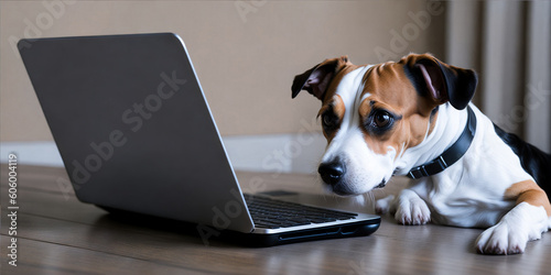 A jack russell terrier looking at a laptop. Generate Ai © AI_images