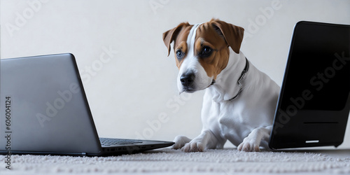 A jack russell terrier looking at a laptop. Generate Ai © AI_images