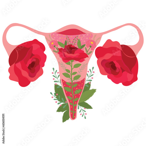 Organ of the uterus with rose flowers,female nature. Feminism concept. Woman reproductive health. Vector illustration.	