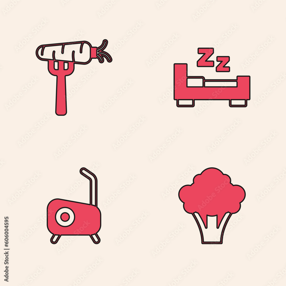 Set Broccoli, Carrot on fork, Time to sleep and Stationary bicycle icon. Vector Set Broccoli, Carrot on fork, Time to sleep and Stationary bicycle icon. Vector