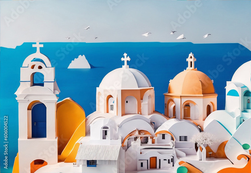 Santorini Greece paper art. Generate Ai