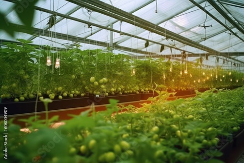vegetable and tomatoes in a closed glass greenhouse using technology. farming and production Generative AI