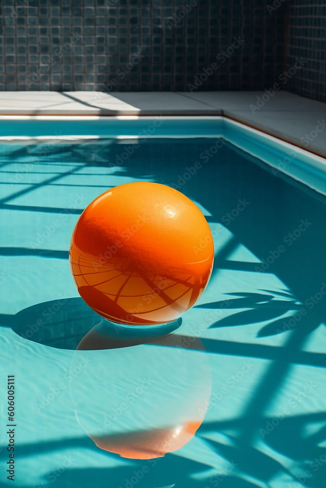 A orange balloon floating on water pool, in the style of modern and contemporary fashion design, flat compositions, generative ai