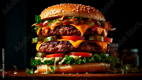 Big juicy hamburger with two patties, vegetables, sauce and cheese. Black background. Studio shooting. Generative Ai