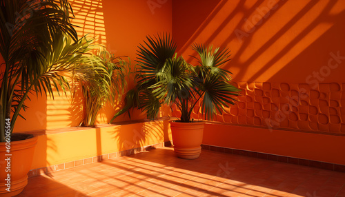 Orange wall with a large palm tree in the shadow, generative ai © 1by1step