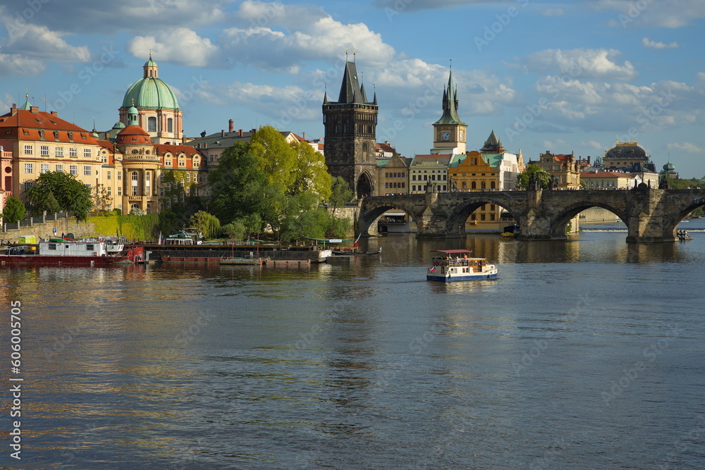View of Charles bridge and Old Town from the river Vltava in Prague, Czech republic, Europe
