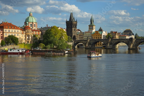View of Charles bridge and Old Town from the river Vltava in Prague, Czech republic, Europe 