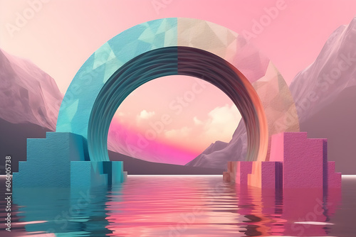 stone arch over river with futuristic geometric abstraction, surreal 3d landscapes, pink and aquamarine soft pastel rainbow nature, minimalist stage design, generative ai