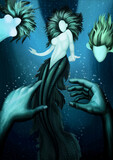 
Fantastic Mermaid, Sirens Character, Dark Concept Underwater, man falling
