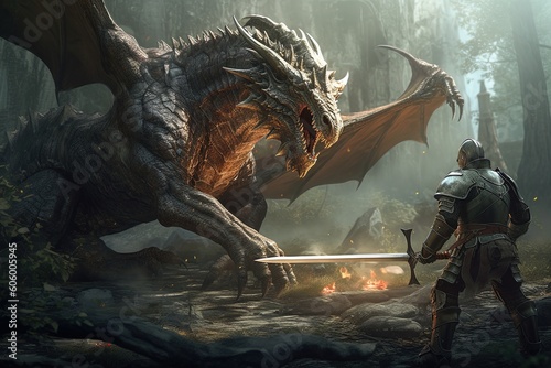 An epic battle between a knight and a dragon. Generativ AI. © Yaroslav