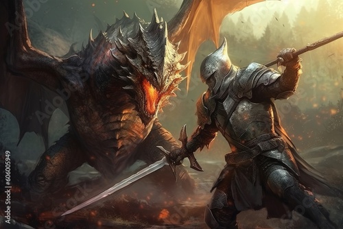 An epic battle between a knight and a dragon. Generativ AI.