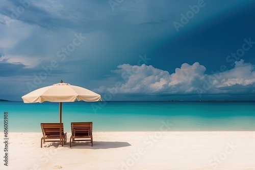 Beautiful beach at sunset with sun loungers with umbrellas. Generative AI.