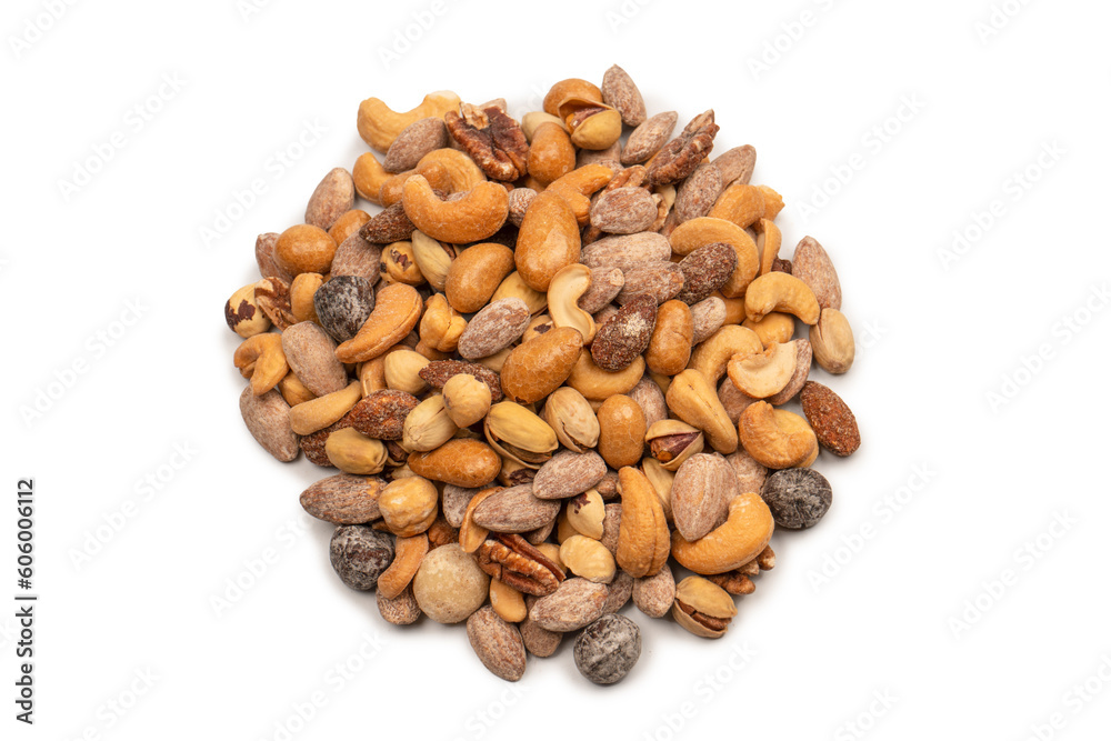 A group of almonds, pistachios, walnuts, macadamia, cashews. A group of almonds, pistachios, walnuts, macadamia, cashews.