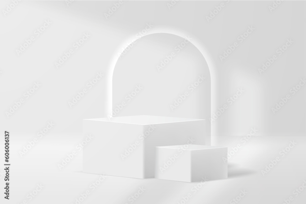 White realistic 3d square pedestal podium with rounded neon light backdrop. Abstract vector rendering geometric platform. Product display presentation. Minimal scene. Social media post background.