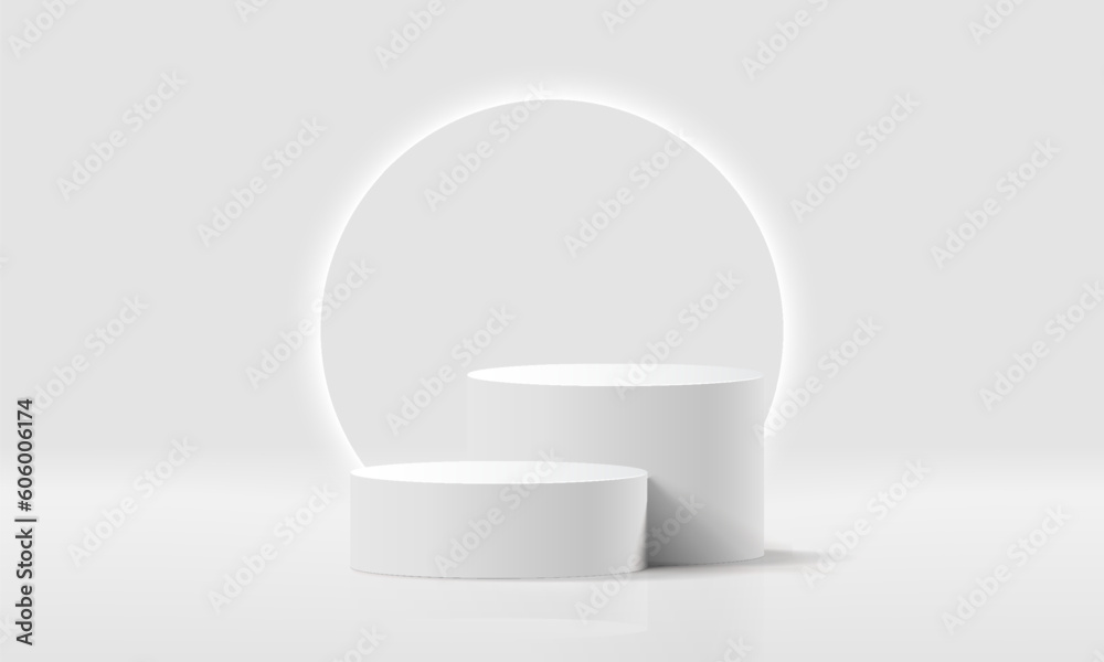 White realistic 3d cylinder pedestal podium with circle rounded neon light backdrop. Abstract vector rendering geometric. Product display presentation. Minimal scene. Social media post background. White realistic 3d cylinder pedestal podium with circle rounded neon light backdrop. Abstract vector rendering geometric. Product display presentation. Minimal scene. Social media post background.