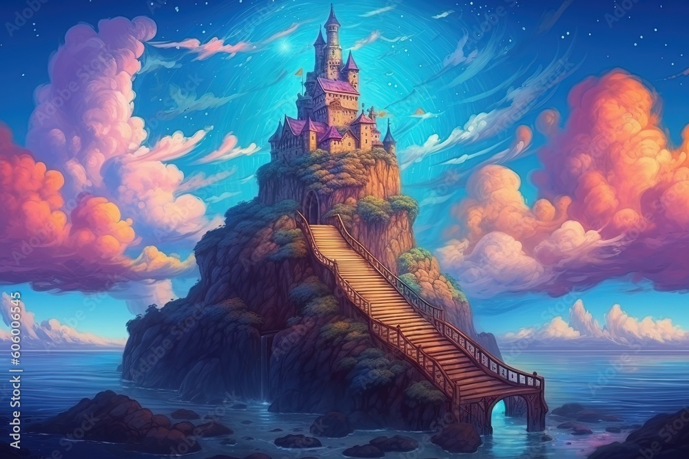 Great cartoon castle. Beautiful Fairytale castle on mountain surrounded by cloud. Generative AI.
