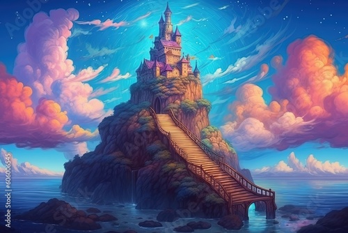 Great cartoon castle. Beautiful Fairytale castle on mountain surrounded by cloud. Generative AI. © Yaroslav