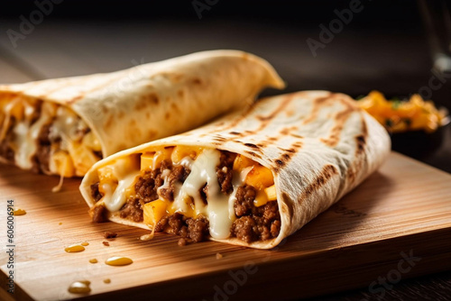 Big Fench Tacos With This Taste-Related French Cheese Sauce And Beef. Generative AI