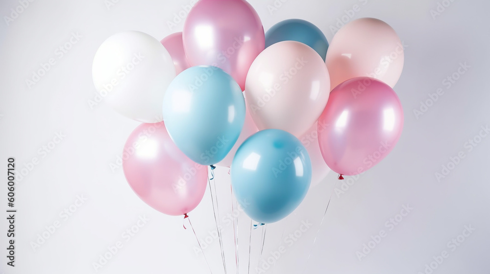A generative AI image of pink, blue and white  helium party balloons lying on a white  background, the trans symbol