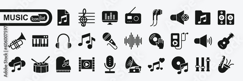 Music icon set. Musical instrument symbol. Containing musical note, radio, piano, speaker, sound and disc icons. Vector illustration.