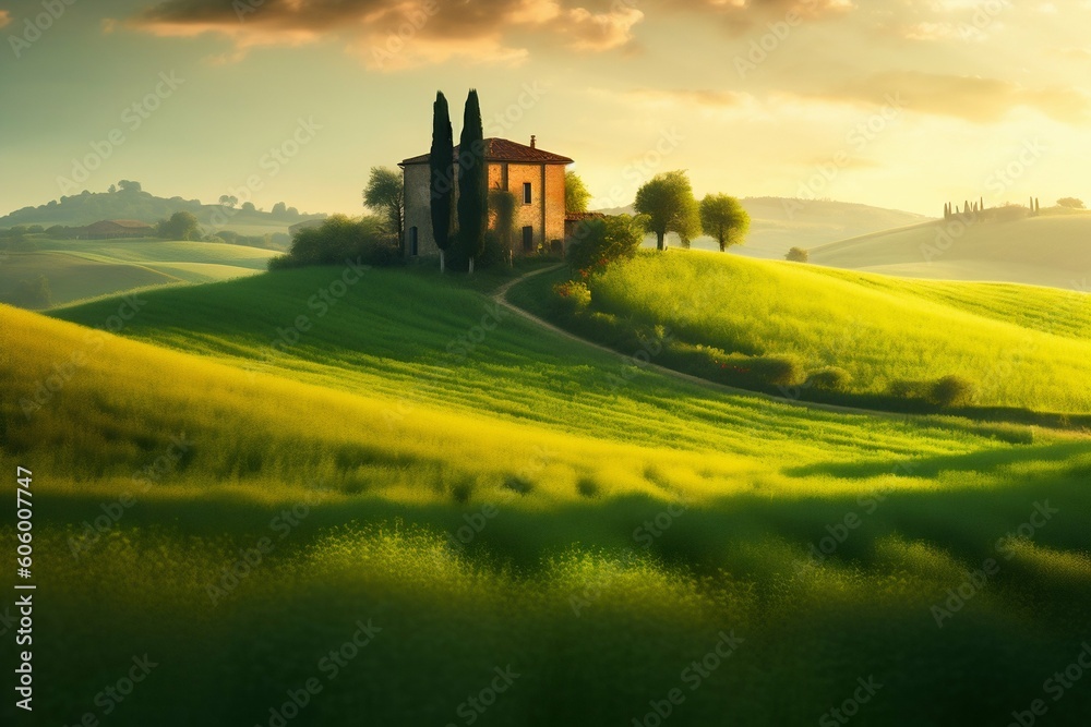 House Standing on a Green Field, Italian Landscapes. Generative ai