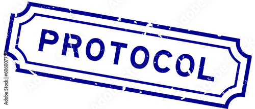 Grunge blue protocol word rubber seal stamp on white background