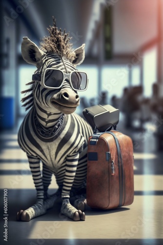 Zebra with Sunglasses, Backpack and Boarding Pass in the Airport. Generative ai