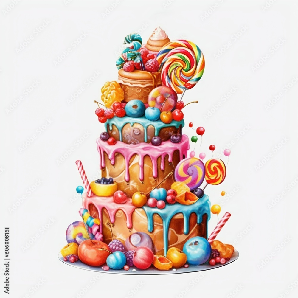 Candy Cake Illustration on White Background. Generative ai