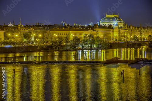 Night photo of the shore of river Vltava and National Theatre in Prague Czech Republic Europe Central Europe 