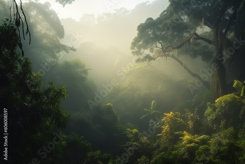 Rainforest landscape with trees and fog. Generative AI.