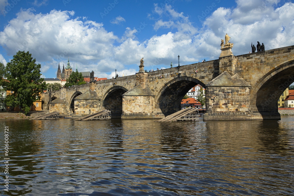 View of Prague Castle and Charles bridge from the river Vltavain Prague, Czech republic, Europe

