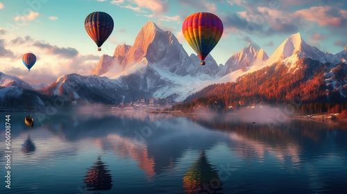 Hot air balloons over a beautiful landscape by Generative AI © sonatik