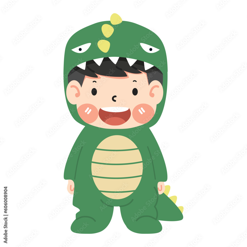 Cute boy in dinosaur costume cartoon