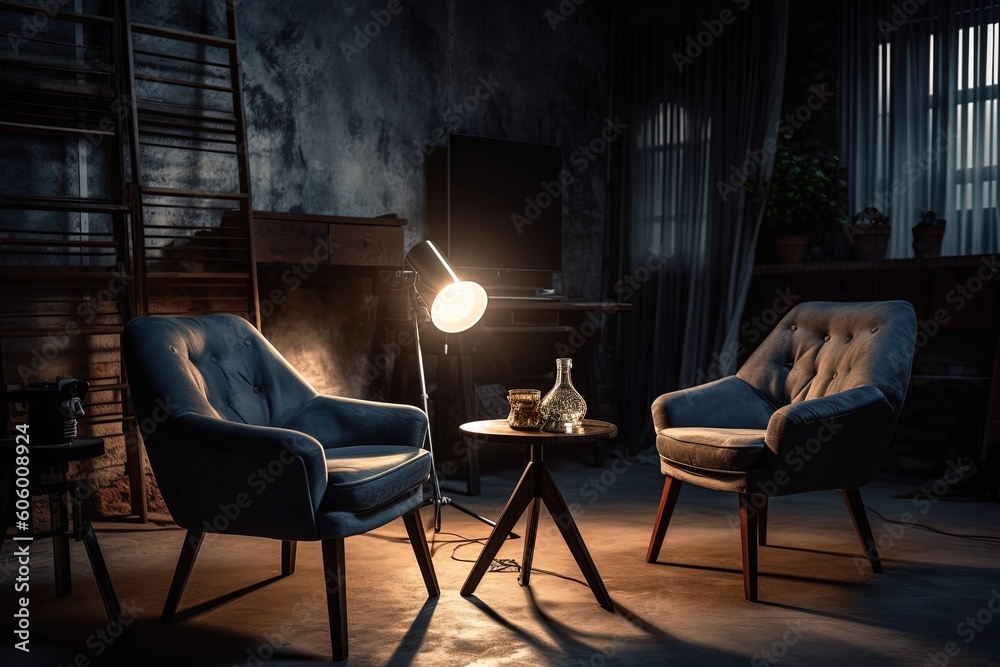 Stylish interior, two chairs, studio light, interview scene. Generative AI. Stylish interior, two chairs, studio light, interview scene. Generative AI.