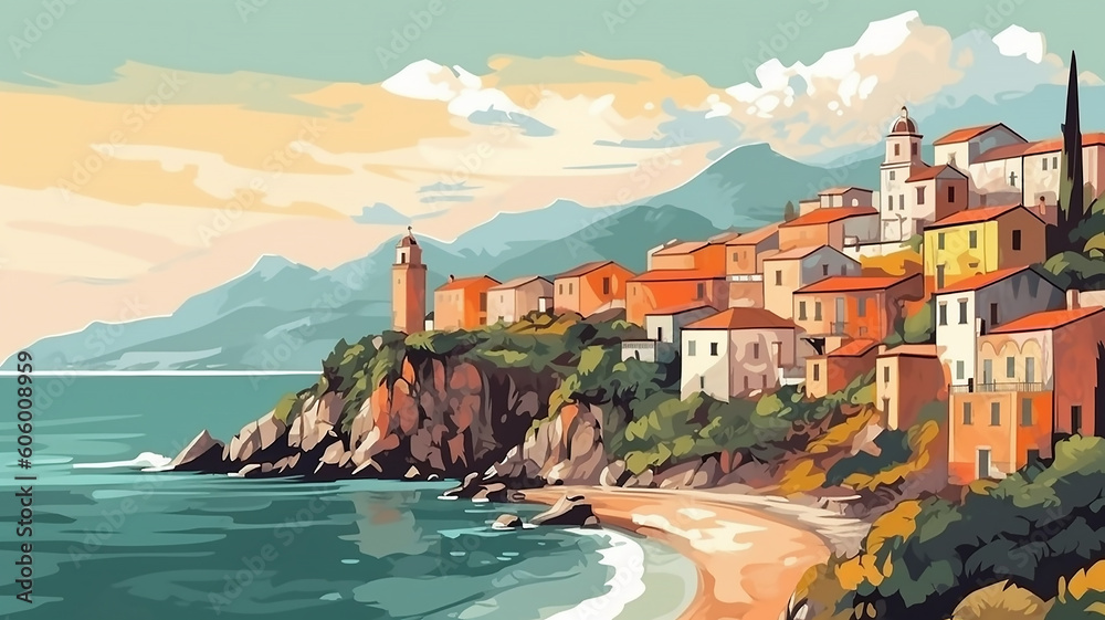 Colorful, vibrant landscape of the Italian coast, village, against the backdrop of the sea and mountains, illustration for posters, banners, postcards, generative ai tools 