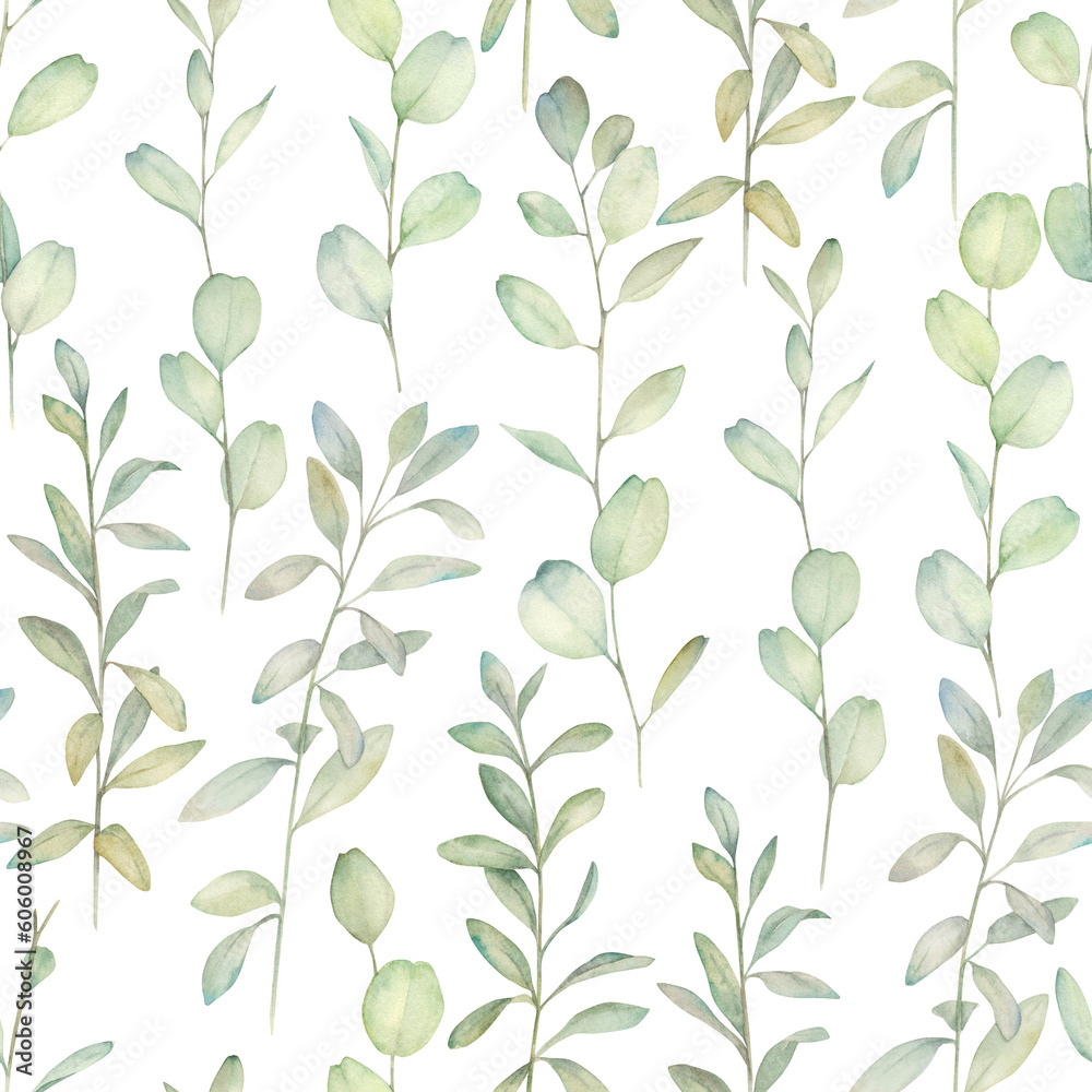 Watercolor seamless pattern eucalyptus branches. Botanical nature print on white background. Hand drawn illustration Watercolor seamless pattern eucalyptus branches. Botanical nature print on white background. Hand drawn illustration