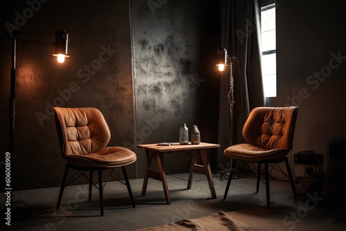 Stylish interior, two chairs, studio light, interview scene. Generative AI.