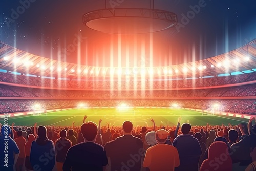View inside soccer stadium with fans on stadium game. Generative AI. © Yaroslav