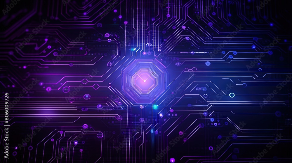 Blue and Purple technology background circuit. Generative AI. Blue and Purple technology background circuit. Generative AI.