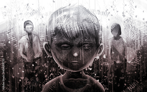 
Street Children In the Rain, Concept Illustration, Leader Child